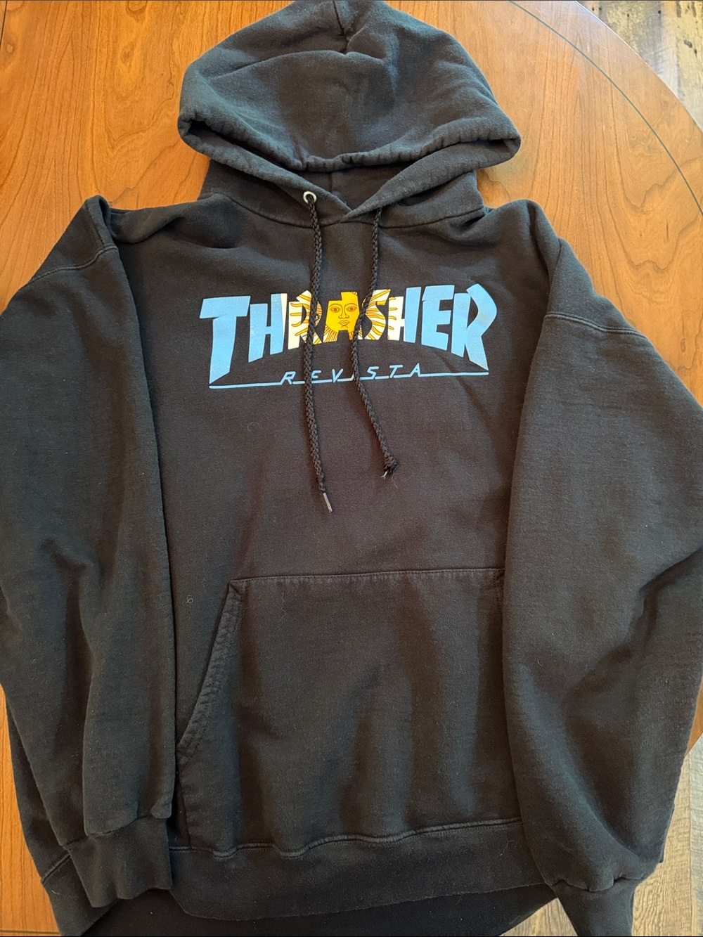 Thrasher Black Hoodie with Blue Logo and Yellow Accent